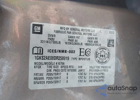 2013 GMC Yukon Sle from USA, damaged, VIN 1GKS2AE08DR258919